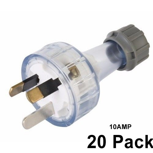 20 x 10 Amp 3 Pin Male  Extension Plug Lead Clear 240v