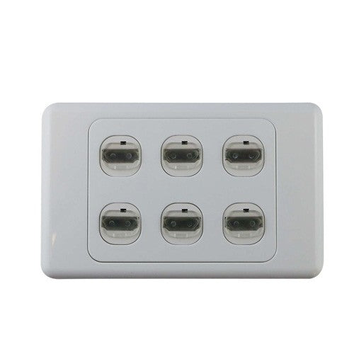 6 Gang HDMI Cable Wall Plate White with 6x Right Angle Outlets Sockets