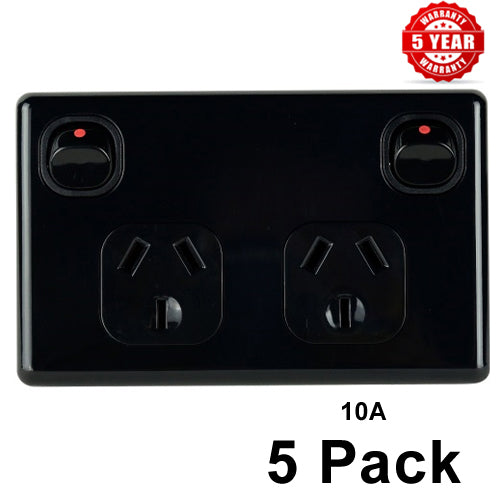 5 x Double Power Point Classic BLACK 10 Amp 240 Volt