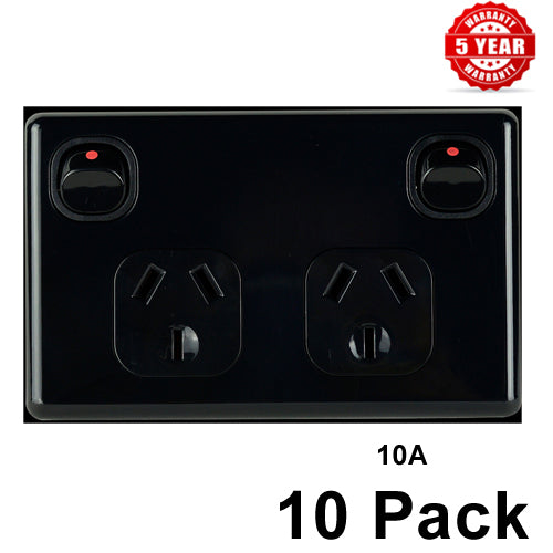 10 x Double Power Point Classic BLACK 10 Amp 240 Volt