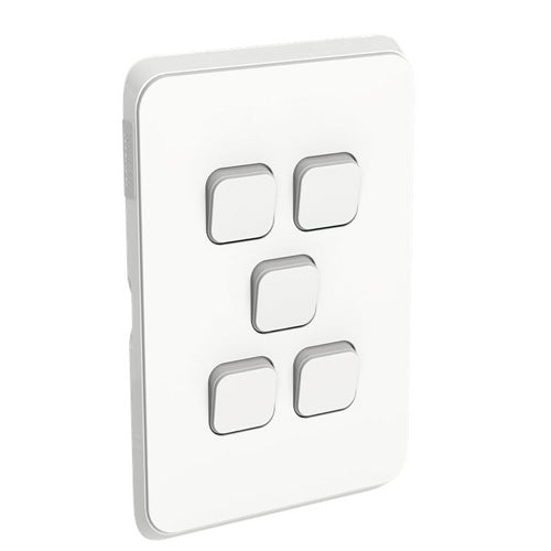 Clipsal Iconic Vivid White 5 Gang Vertical Light Switch 10 Amp Mech 3045VA-VW