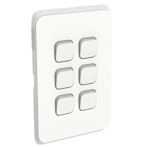 Clipsal Iconic Vivid White 6 Gang Vertical Light Switch 10Amp Mech 3046VA-VW