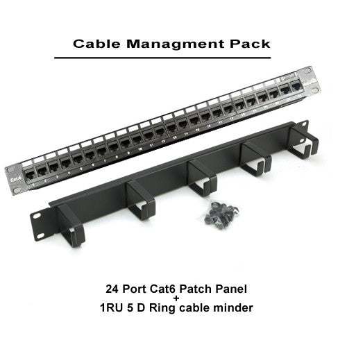 24 Port Cat6 Patch Panel + 5 D Ring Cable Minder Pack